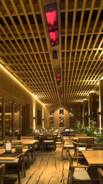 Heatscope Heaters Vision 3200W Radiant Heater wall-mounted on a restaurant terrace in Commercial Space, outdoor electric infrared heat.