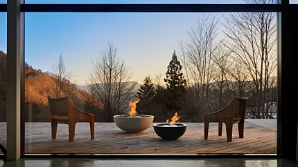 EcoSmart Fire Mix Series Fire Pit creates a contemporary focal point in this private residence outdoor patio with clean ethanol flames.