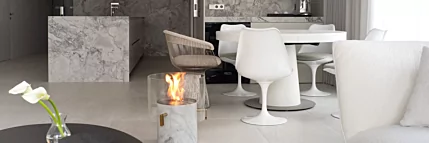 EcoSmart Pillar 3L Designer Fireplace adds elegant marble ethanol warmth to residential dining rooms in South Korea, enhancing modern home ambience.