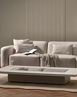 EcoSmart Fire Daiquiri 70 Fire Table with glass cover plate warms outdoor patio, sleek ethanol fire pit table.