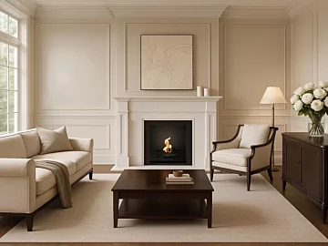 EcoSmart Fire Heritage 26SS Fireplace from Heritage Fireplaces built into a residential indoor living room, clean‑burning bioethanol.